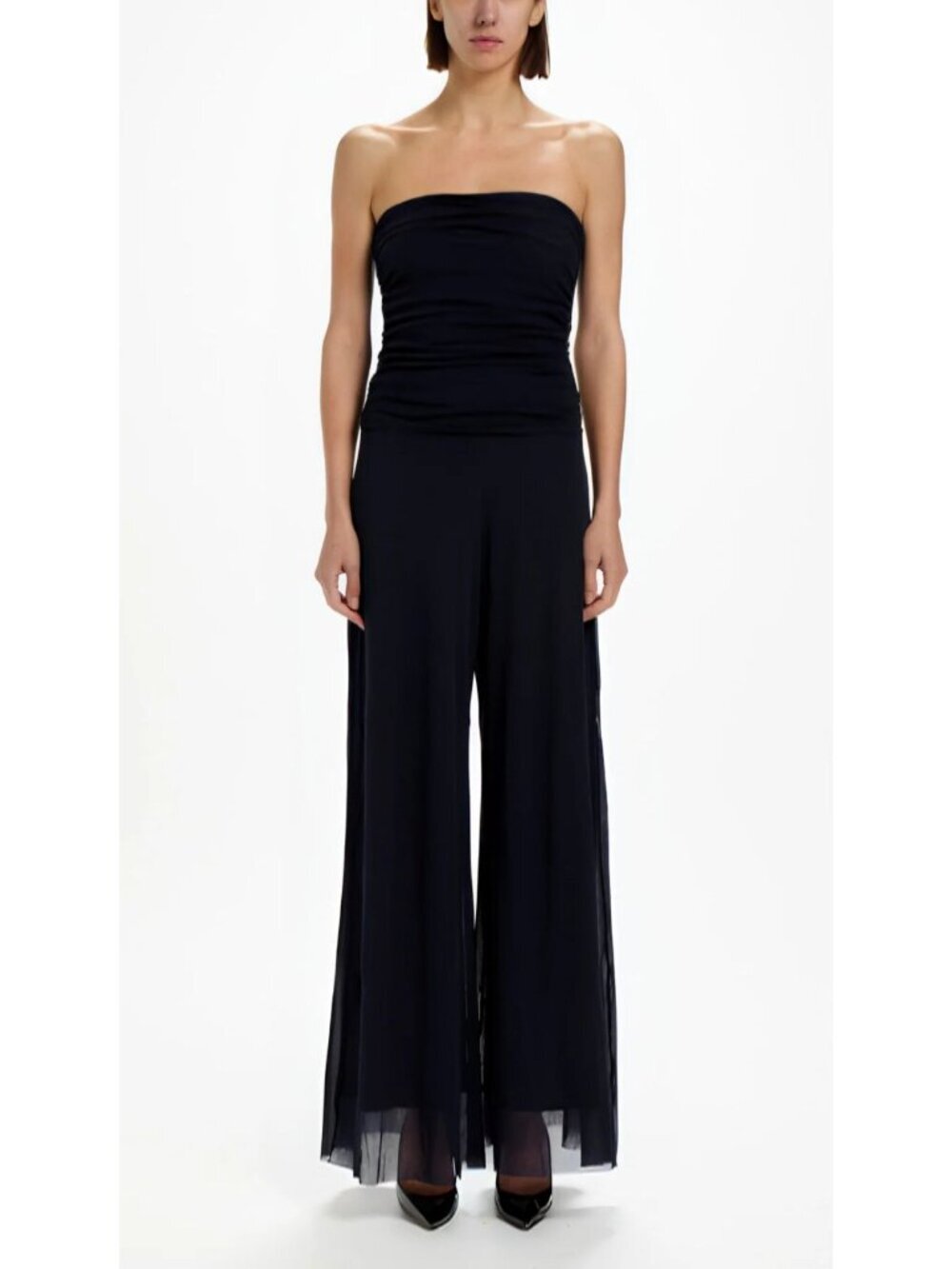 Fuzzi Women's Black Strapless Wide-Leg Tulle Jumpsuit Size Large 36556
